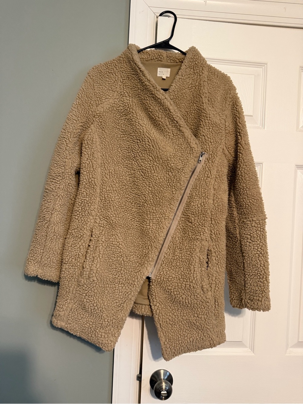 Women's Taupe Teddy Sherpa Asymmetrical Zip Jacket